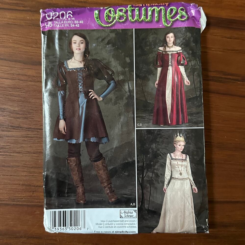 UNCUT Simplicity Pattern 0206 Costume Size 6-14 Renaissance